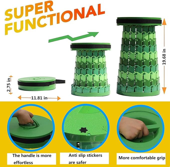 ALEVMOOM Upgraded 19.7" Portable Collapsible Folding Stool Retractable Telescoping Foldable Stool for Adults Heavy Duty Camping Sturdy with Max Load Capacity 1000lbs for Outdoor Fishing Hiking BBQ