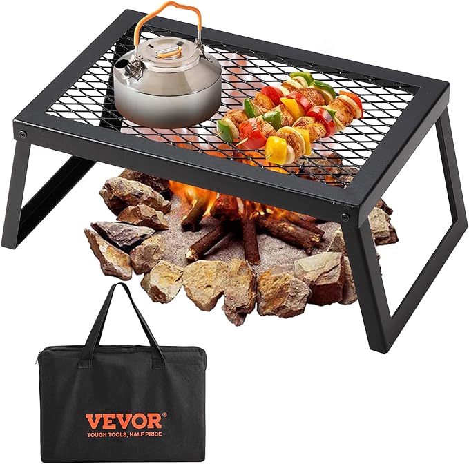 VEVOR Folding Campfire Grill, 18" Portable Camping Grates Over Fire Pit, Heavy Duty Steel Mesh Grate, Camp Fire Cooking Equipment with Legs Carrying Bag, Grilling Rack for Outdoor Open Flame Cooking