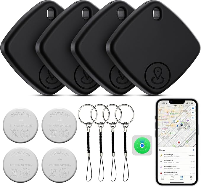 Tracker Tags-4 Pack, Bluetooth Tracker Work with Find My (iOS Only), Smart Trakcer Tag Key Finder and Item Locator with Lanyard, Tracker Tag for Keys, Luggage Replaceable Battery