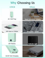 Portable Power Bank, 20000mAh 22.5W USB C Fast Charging Power Bank with Built-in Cables & Wall Plug, External Battery Pack with LED Display, Ultimate Travel Essential for iPhone, iPad, Samsung Green