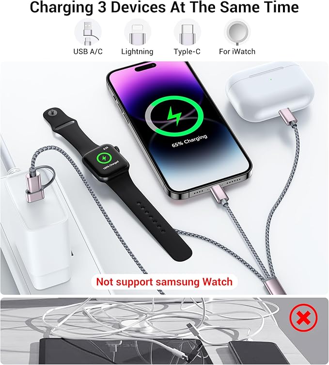 Temdan for Travel Essentials,3 in 2 USB C Cable for Apple Watch Charger/iPhone 17 Charger/Lightning,Multi Charging Cable Cord,Vacation Camping Essentials,Portable Designed for iWatch &iPhone 16-12-4FT