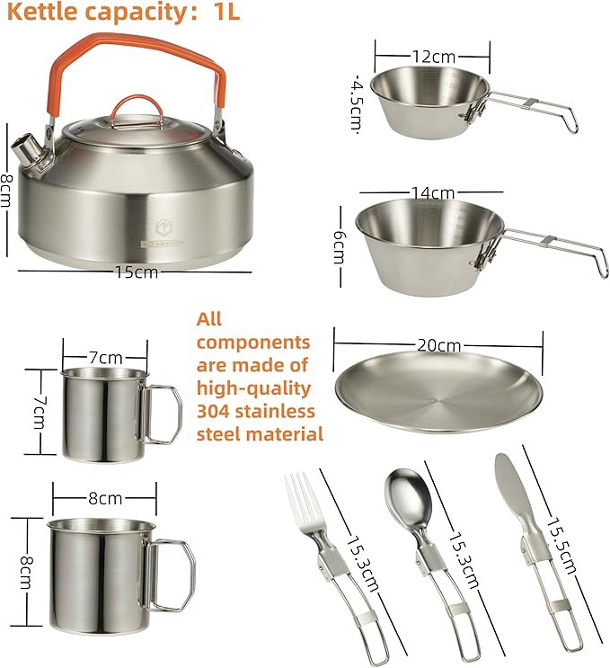 Camping Cookware Set 304 Stainless Steel 16-Piece Pots & Pans,Kettle, Storage Bag,Plates, Bowls, Knives, Forks, Spoons,Compact for Outdoors & Indoors Kitchen Campfire Hiking