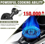 Bestfire 2 Burner Outdoor Propane Gas Stove with Auto Ignition & Regulator, 150,000 BTU High-Pressure Stand Cooker with Flat Top Grill Griddle & Shelf, Portable Cast Iron Burner for Canning & Frying