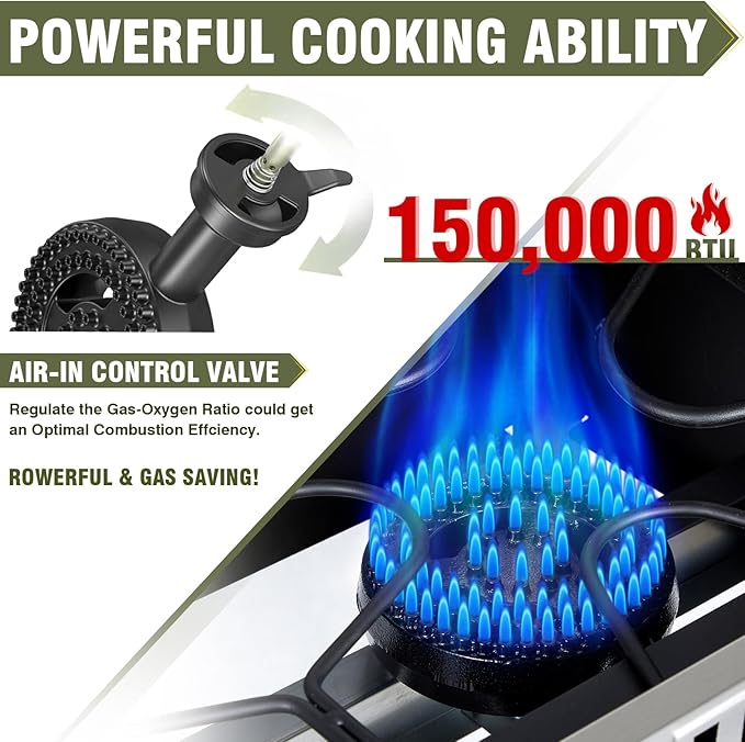 Bestfire 2 Burner Outdoor Propane Gas Stove with Auto Ignition & Regulator, 150,000 BTU High-Pressure Stand Cooker with Flat Top Grill Griddle & Shelf, Portable Cast Iron Burner for Canning & Frying