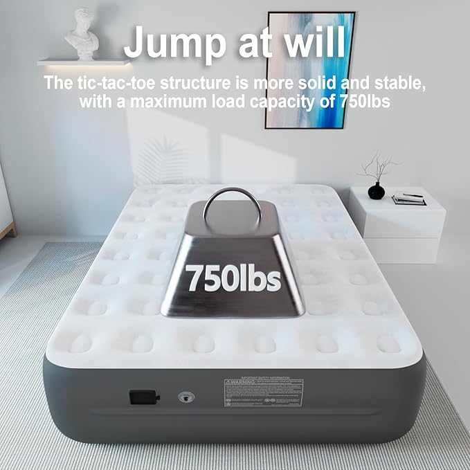 Queen Air Mattress wit with 1300mAh Battery Powered Pump,18"Raised Super soft and comfortable Dutch velvet fabric750lbs Support Portable Inflatable Mattress,Air Bed for Camping, Home and Guest-Grey
