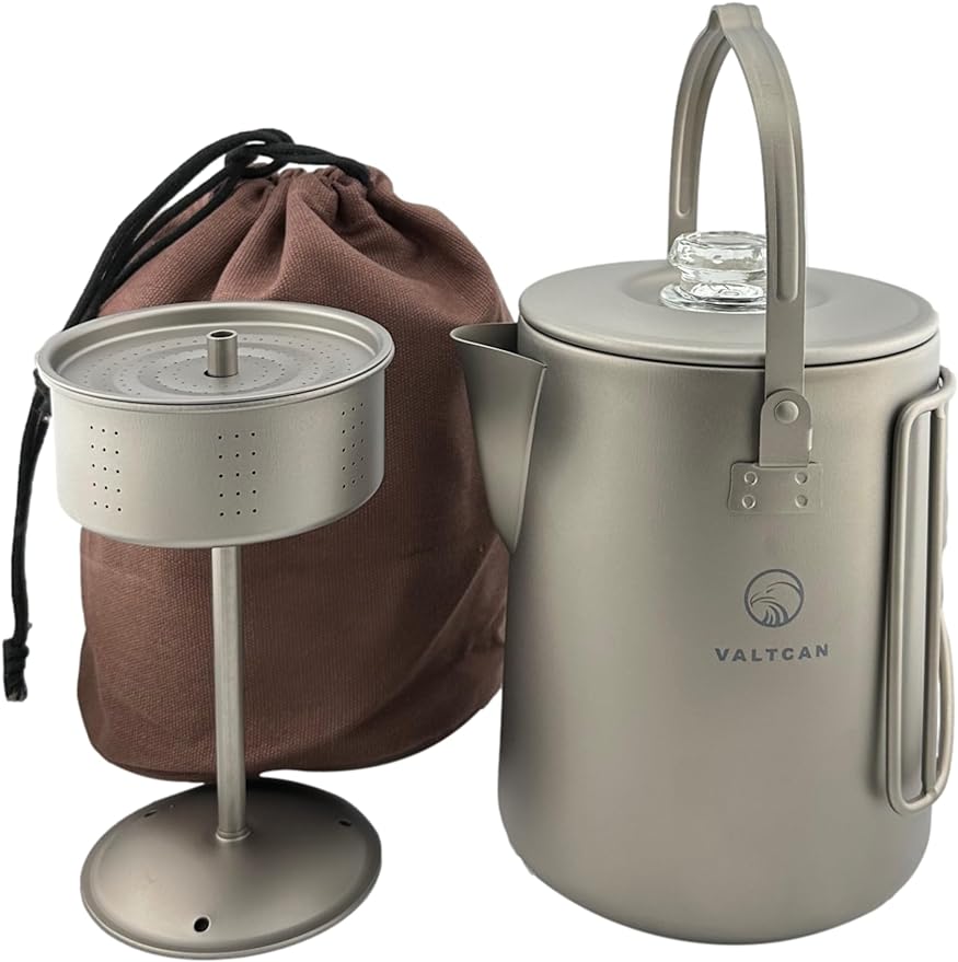 Valtcan Titanium Percolator Coffee Maker Pot 1.5L Filter Brew Ultralight Weight Camping Kettle 50 fl oz 6 Cup Capacity Glass Knob 395g Compact Kettle