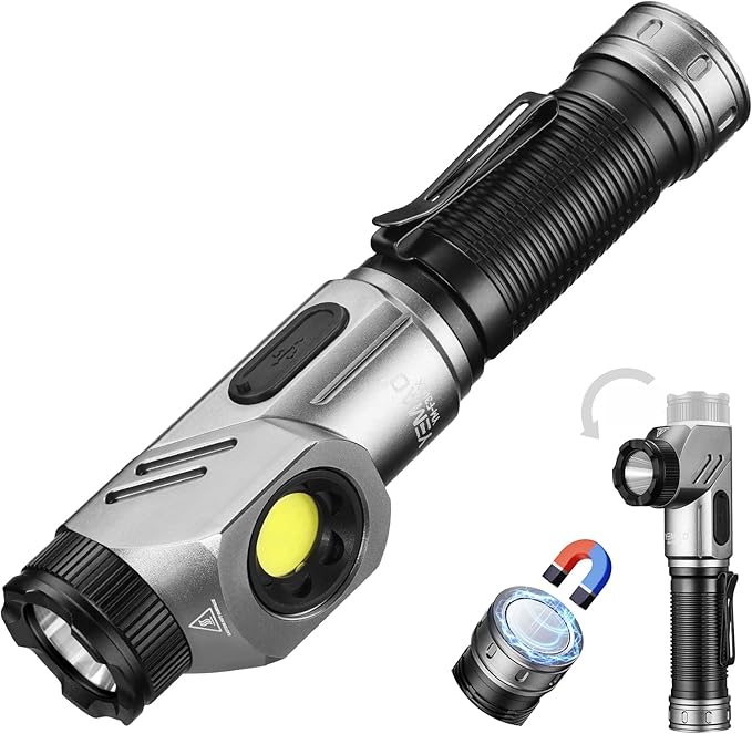 Yemao Rechargeable Tactical Flashlights 1600 High Lumens 2 Light Sources,6 Modes,90 Degree Rotating,Waterproof Working Light with Magnetic Base for Home Emergency,Outdoor,Camping,Shop