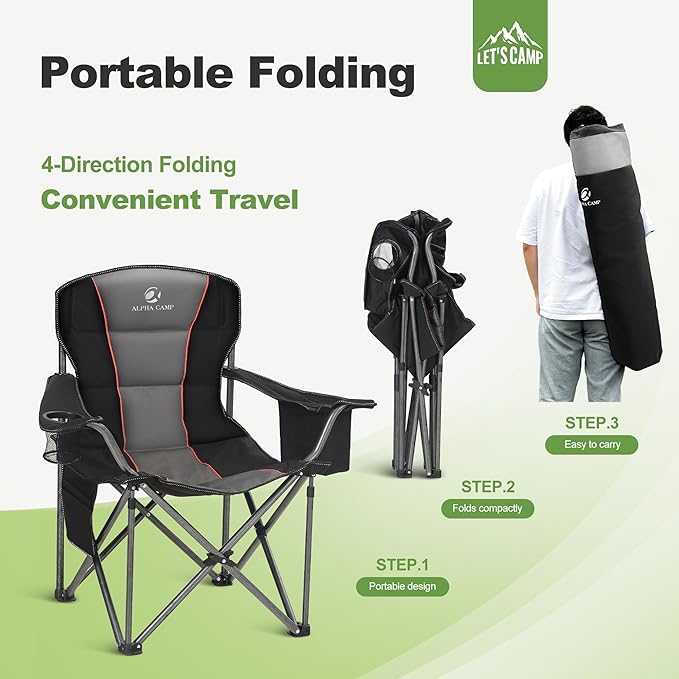 LET'S CAMP Folding Camping Chair Oversized Heavy Duty Padded Outdoor Chair with Cup Holder Storage and Cooler Bag, 450 LBS Weight Capacity, Thicken 600D Oxford,2 Pack