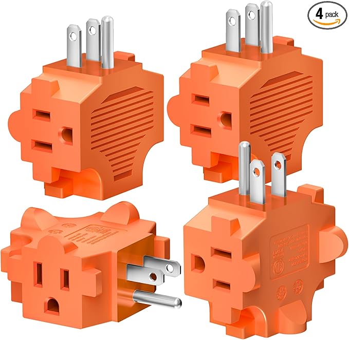 K KASONIC - 3-Outlet Grounding Adapter, Multiple Plug Outlet Extender, Power Splitter, [ETL Listed] Heavy-Duty Grounded Power Tap - 4 Pack, Orange