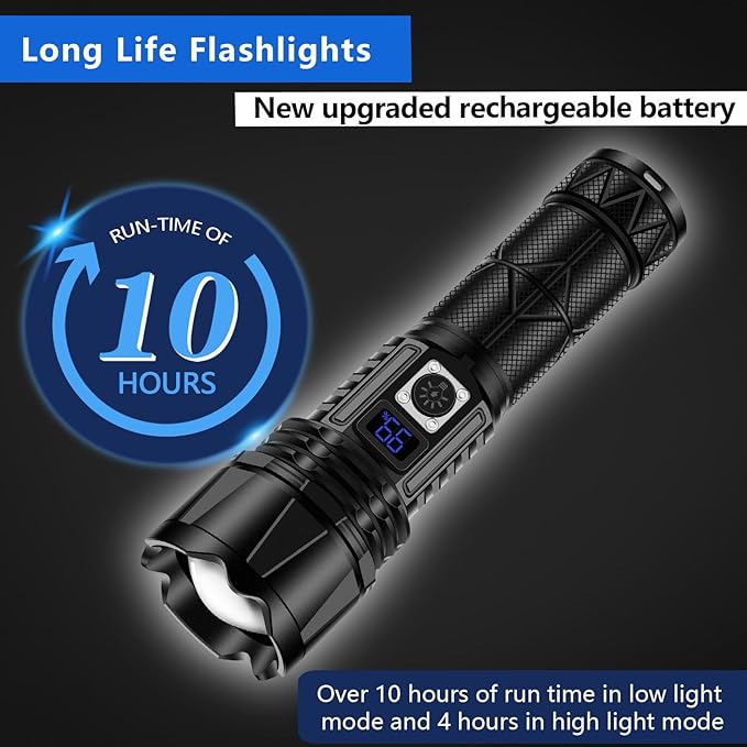 Rechargeable LED Flashlight 10000 Lumen, Super Bright Flashlight with Digital Power Display and Zoomble, Flashlights High Lumens Rechargeable for Camping, Outdoor