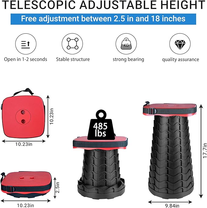 Upgraded Square Folding Stool, Max Load Capacity 485lbs, Portable Collapsible Stool Seat, Telescoping Foldable Stool, Retractable Stool for Adult Camping Fishing Outdoor BBQ