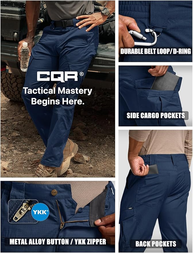 CQR Men's Flex Ripstop Tactical Pants, Water Resistant Stretch Cargo Pants, Lightweight EDC Hiking Work Pants