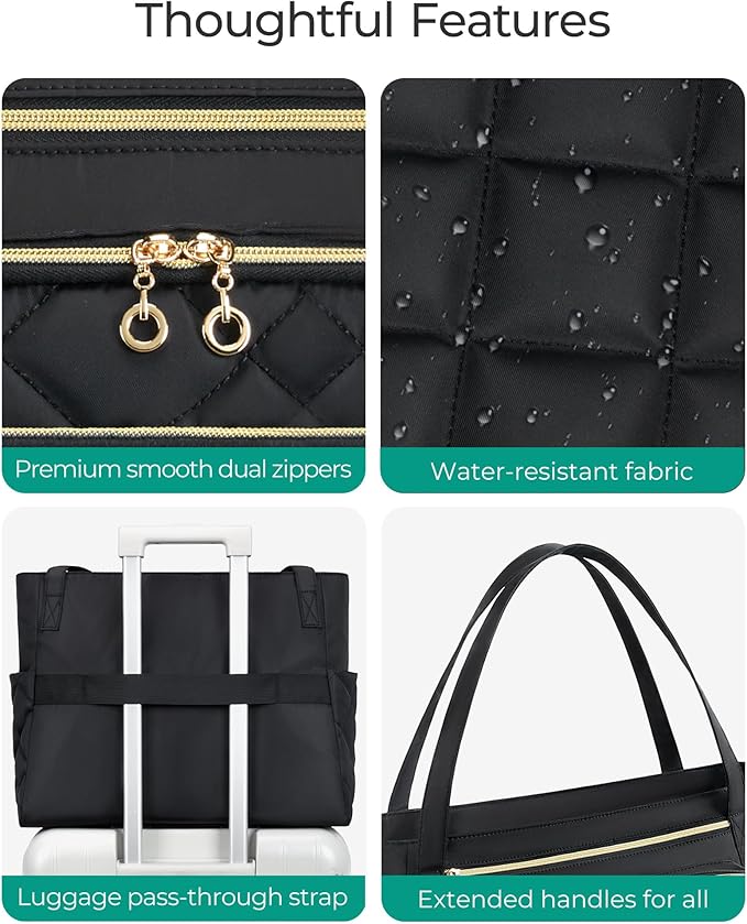 BAGSMART Teacher Tote Bag for Women 15.6in Quilted with Insulated Pocket & Nurse Bag Features (Black)