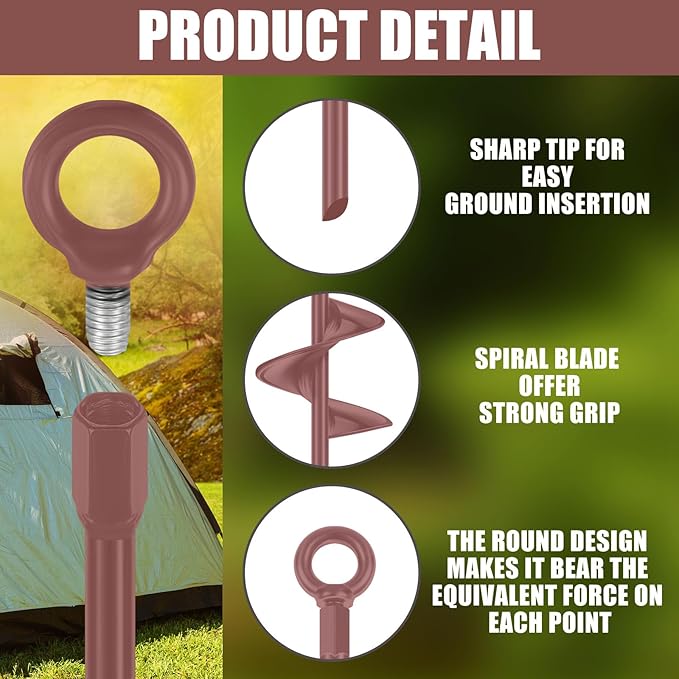 Lasnten 6 Pcs 30 Inch Heavy Duty Ground Anchor Spiral Blade Earth Anchor Kit Metal Anchor Hook Beach Sand Stakes Camping for Securing Animals, Shelters, Tents, Canopies (Brown)