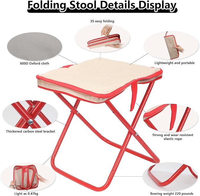 Camping Stool 12 Inch Portable Folding Stool with Carry Bag Weight Load 220lbs Portable Stool for Camping Fishing Hiking BBQ White