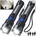 Rechargeable LED Flashlight 2 Pack,90000 High Lumens Tactical Flashlights with 7 Modes,Waterproof Zoomable Handheld Flash Light with COB Work Light for Emergencies,Camping,Home