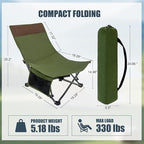 Compact Backpack Beach Chairs 2 Pack with Adjustable Backrest & Side Pocket, Low Folding Camping Chairs for Adults, Portable Reclining Chairs for Beach, Lawn, Travel