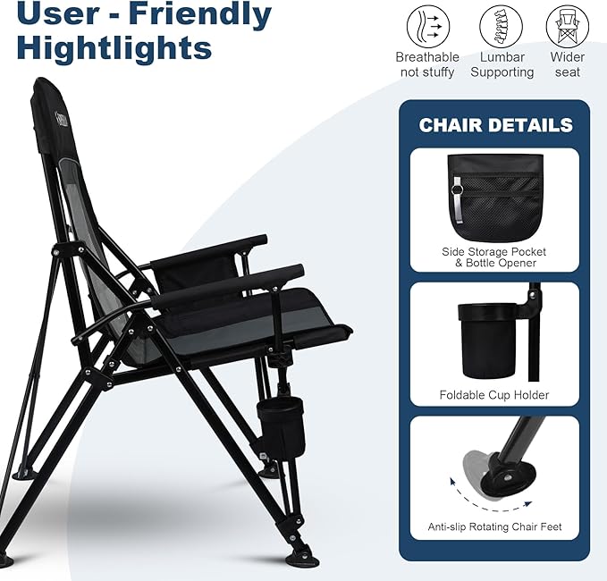 Camping Chair Portable Folding Lawn Chair Comfortable Hard Arm Sturdy for Family Camp, Outdoor, Sports, Beach, Travel, Support 400 lbs, Black&Grey