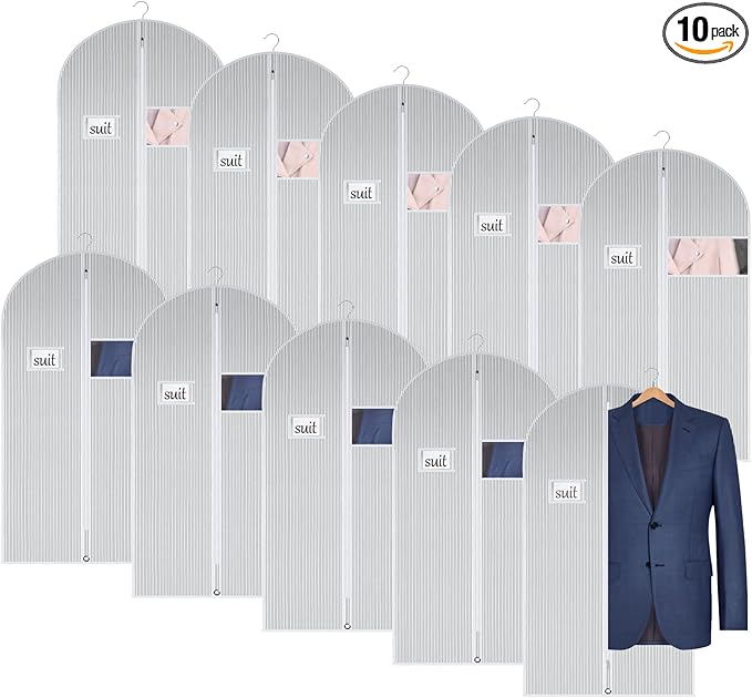 Univivi Suit Bags for Closet Storage and Travel, 40 Inch Hanging Garment Bags for Men Suit Cover with Clear Window and ID Card Holder for Suit Jacket, Shirt and Coat, 10 Pack, White