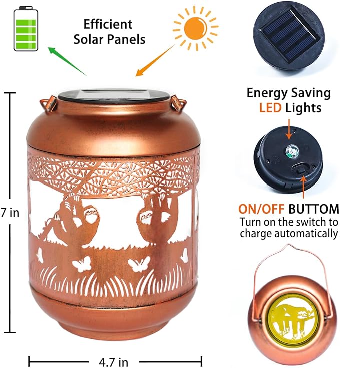 Sloth Solar Lanterns Outdoor Waterproof,Hanging Solar Lights Sloth Gifts for Women Men Metal LED Decorative Light for Yard,Patio,Lawn,Tabletop,Pathway,Landscape,Garden Decor
