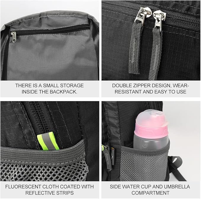 INOXTO 20L Lightweight Hiking Backpack Small Foldable Hiking Daypack for Outdoor Hiking Travel Camping (Black)