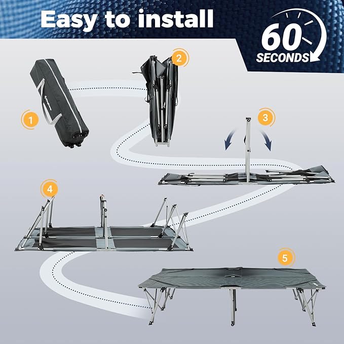 KingCamp 2 Person Queen Size Camping Cot, Folding Portable Double 550lbs Heavy Duty Oversized Large XXL Wide Foldable Sleeping Bed with Carry Bag for Two Adult Outdoor Travel Tent, Grey