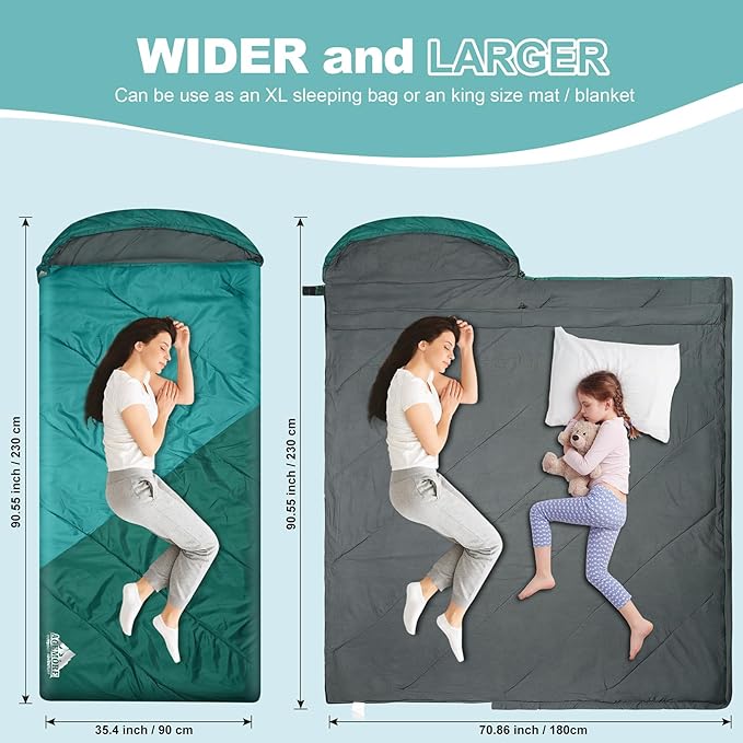 AGEMORE Sleeping Bag for Adults, Single and Double Size, Lightweight Waterproof XXL Sleeping Bag for Adults Kids Couples Camping Hiking Backpacking Or Traveling, Warm & Cold Weather