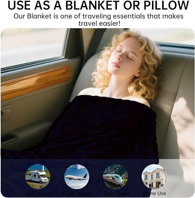 Travel Blanket and Pillow-2-in-1, Ultra-Soft&Compact, One-Piece Airplane Blanket with Hand Luggage Belt and Backpack Clip,Travelers Accessories Gifts, 61x43 Inches（Navy）