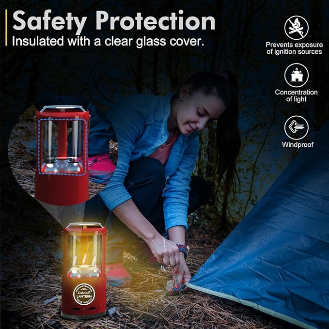 Candle Lantern, Decorative 3-Wick Emergency Candlestick Holder for Pillar Candles, Portable Red Warmer Lantern, Camping Gear for Campers Use, Hanging Handheld, NO Candles Included