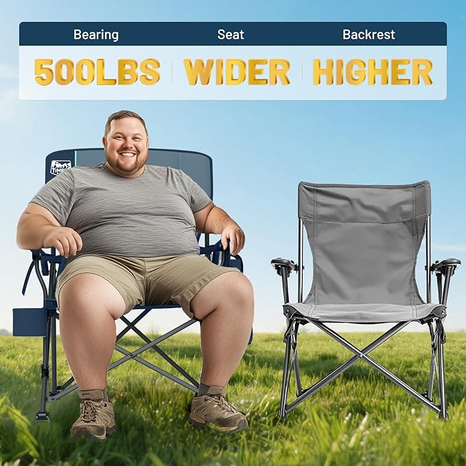 TIMBER RIDGE Oversized Folding Camping Chair with Lumbar Support Adjustable High Back Heavy Duty for Adults Support up to 500lbs with Cup Holder, Cooler Bag, Side Pocket, Blue 2Pcs