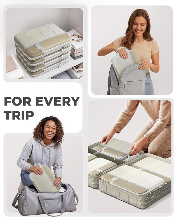 Percover Compression Packing Cubes 8-Piece Set, Packing Cubes Compression for Travel with Laundry Bag & Shoe Bag, Travel Organizer for Carry On & Checked Luggage, Camel