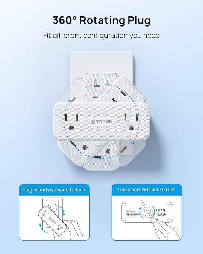 TROND 360° Rotating Wall Outlet Extender 2 Pack, 6AC Outlet Splitter with 2 PD20W USB C Charger and 2 USB A Ports, 900J Surge Protector, 3-Way Sideways Plug Adapter for Kitchen, Bathroom, Bedroom