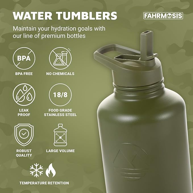 64 Oz Insulated Water Bottle with Strap Stainless Steel Sports Water Bottle with 3 Lids (Straw, Chug and Flip Lid) Leak Proof Metal Half Gallon Jug for Men & Women - Army Green
