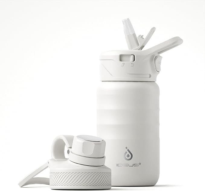 IDEUS Insulated Water Bottle 12oz, Stainless Steel Insulated Water Bottle For School, Insulated Bottles With Straws Leakproof, Vacuum Double Wall Water Bottles For Boys And Girls With 2 Lids, BPA Free
