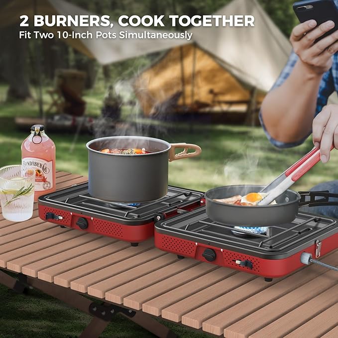 CAMPLUX FoldGo 2 Burner Portable Camping Stove 17,200 BTU, Foldable Propane Stove for Outdoor Cooking with Carry Bag, Portable Gas Stove with 2 Adjustable Burners, Red