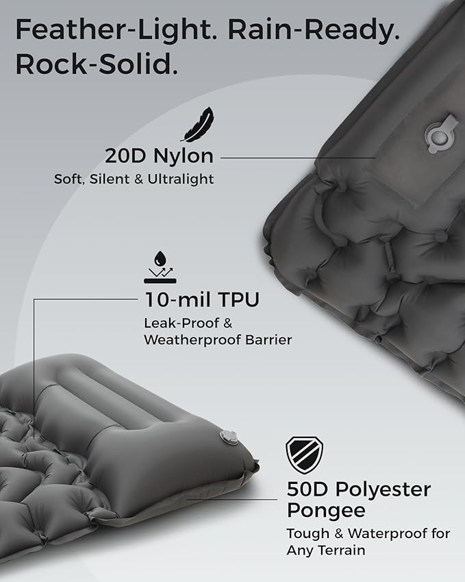 KingCamp Sleeping Pad for Camping, Ultralight Connectable Inflatable Sleeping Pad Camping Mattress with 6.3" Built-in Pillow & Foot Pump for Backpacking Hiking Tent Cot