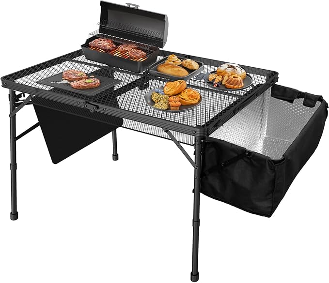 Portable Folding Grill Table with Sink for Outdoor, Lightweight Aluminum Frame Folding Grill Stand Picnic Table Camping Cooking BBQ, RV Picnic,2 Heights Adjustable(Black)