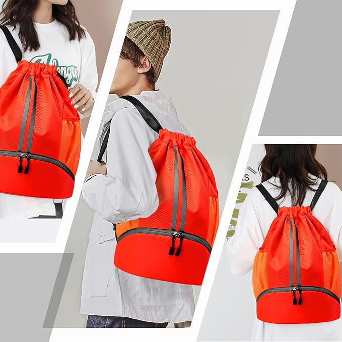 Hoedia Sports Drawstring Backpack - String Swim Gym Bag with Shoes Compartment and Wet Proof Pocket for Women&Men (Red)