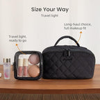 LOVEVOOK Travel Makeup Bag for Women, 2Pcs Puffer Waterproof Cosmetic Organizer, Large Capacity Pouch Open Flat Small Toiletry Bag with Brush Compartment & Handle (Black, Large)