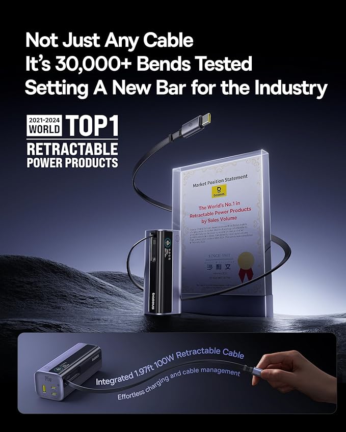 Baseus Laptop Power Bank, 20,000mAh 145W Small Portable Charger Built-in Retractable Cable, 4-Port PD Fast Charging Battery Bank with Smart Display, for iPhone/MacBook/Samsung/Dell/HP, and More