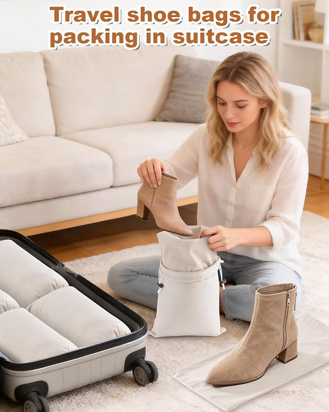 4 Pcs Single Shoe Bags for Travel, 17.3"x8.6" Washable Travel Shoe Bags for Packing in Suitcase, Velvet Dust Bag with Drawstring, Shoe Pouch for Women and Men, Travel and Home Storage (Beige)