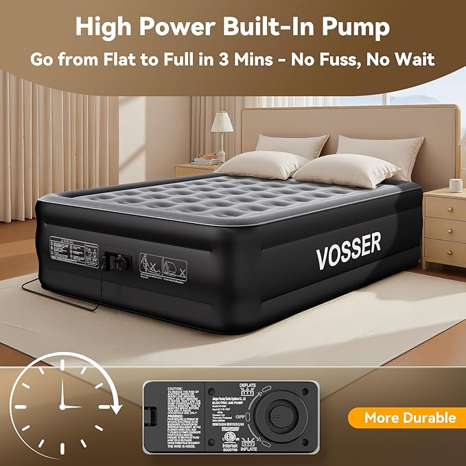 Air Mattress Queen with Built in Pump,Blow Up Mattress in 3 Mins,18'' Raised Self Inflatable Mattress,Portable Airbed for Home,Floor&Camping,Queen Size Air Matress for Adults,660LB Max,Black