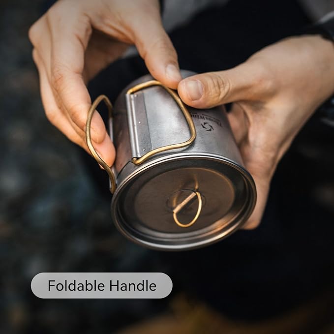 Titanium Mug, 450ml 15oz, Camping Coffee Cup with Foldable Handle and Lid, Lightweight Cup for Outdoor Backpacking Hiking