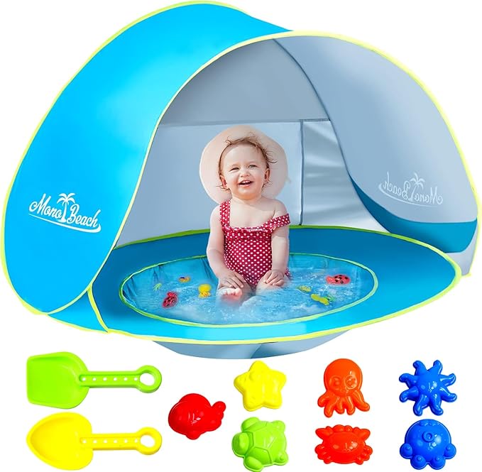 Monobeach Baby Beach Tent with Beach Sand Toys Pop Up Portable Shade Pool UPF50+ UV Protection Sun Shelter for Infant with Easy Set Up Canopy (Blue with Toys)