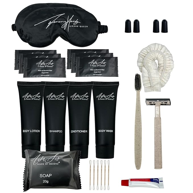 24 Piece Toiletry Kit for Hotels & Airbnb | 1oz Shampoo, Conditioner, Body Wash, Body Lotion, Bar Soap, Shower Cap, Razor, Toothbrush Set, Qtips & Makeup Remover Wipes (Toiletry Kit, 1)