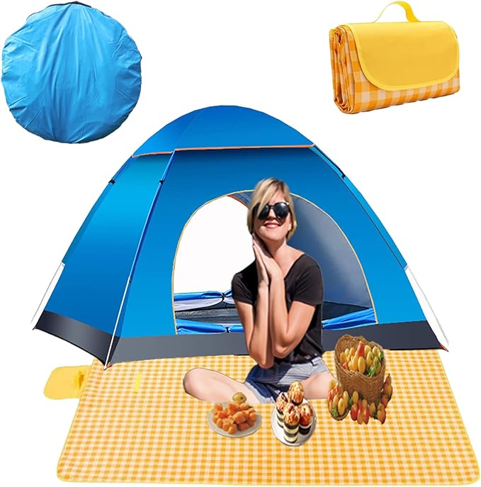 Pop Up Compact Camping Tent, Instant Pop Up Tent with Picnic Mat, Portable Automatic Waterproof Easy Setup Quick-Open Tent, Outdoor Camping Beach Travel