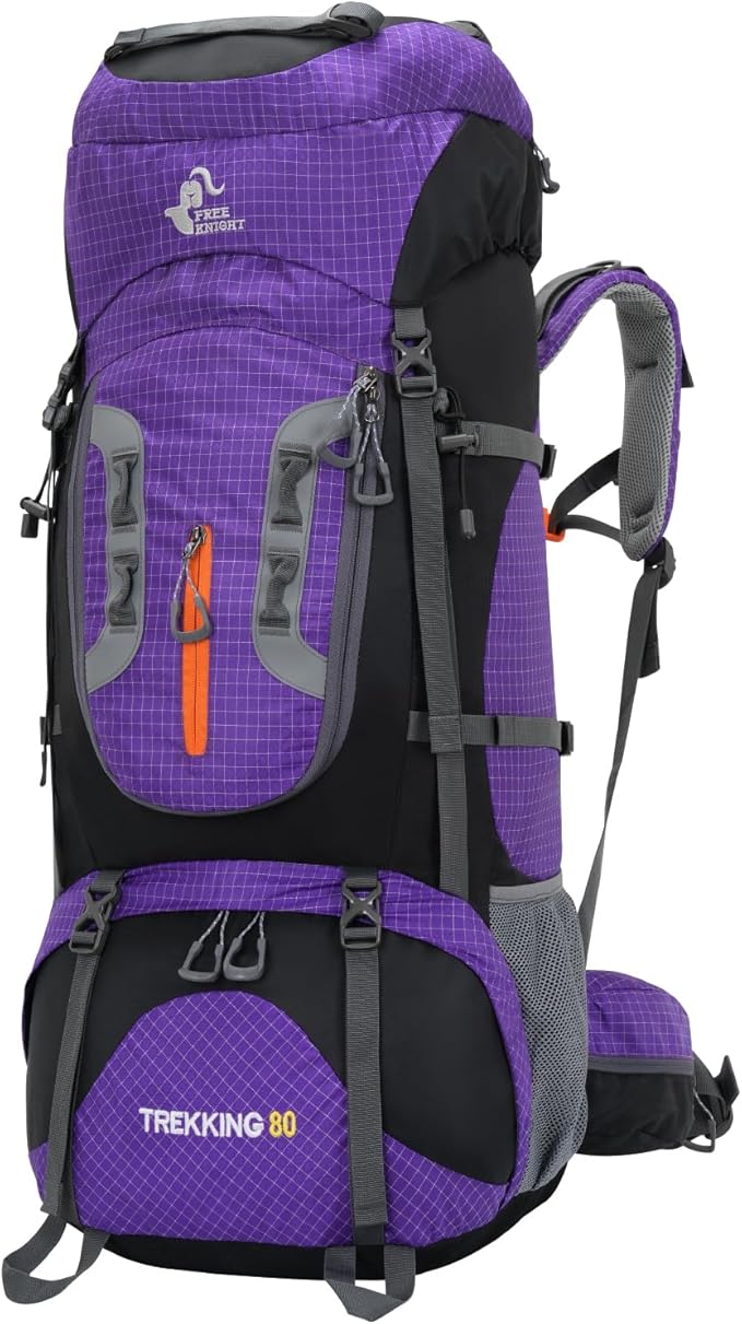 Bseash 80L Waterproof Hiking Camping Backpack with Rain Cover, Lightweight Outdoor Sport Travel Daypack for Climbing Touring (Purple)