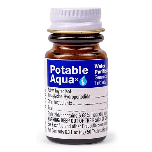 Potable Aqua Water Purification Treatment - Portable Drinking Water Treatment for Camping, Emergency Preparedness, Hurricanes, Storms, Survival, and Travel (50 Tablets), Black, single pack
