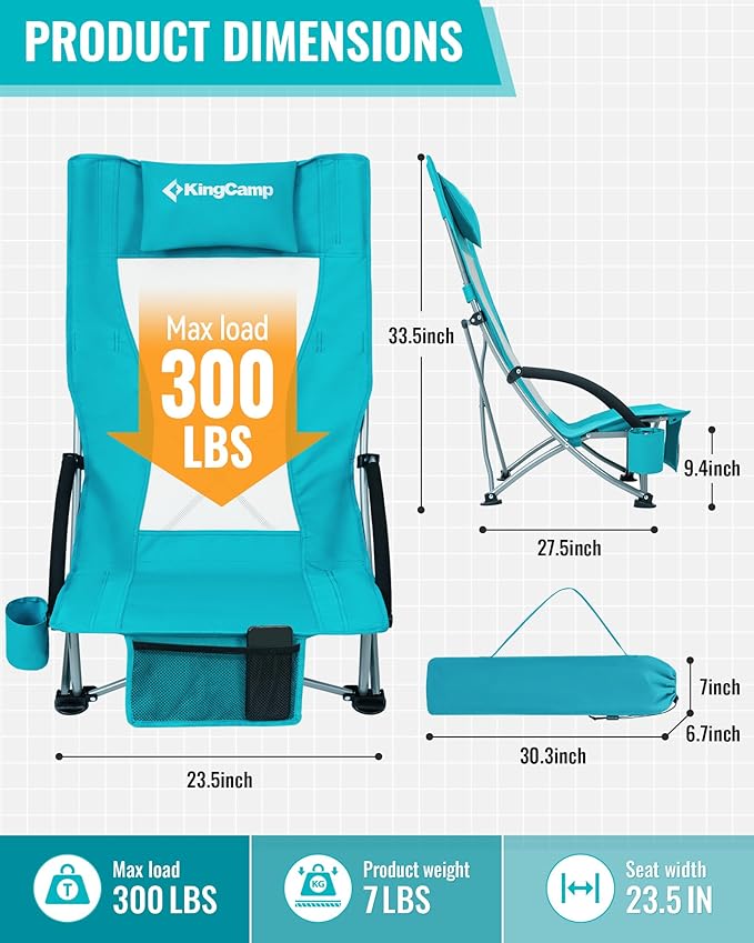 KingCamp Low Beach Chairs, Portable Folding Chair for Adults Extra Wide Ergonomic High Back Seat 300lbs Heavy Duty Lightweight Oversized Gear with Carry Bag for Outdoor Lawn Camping Picnic