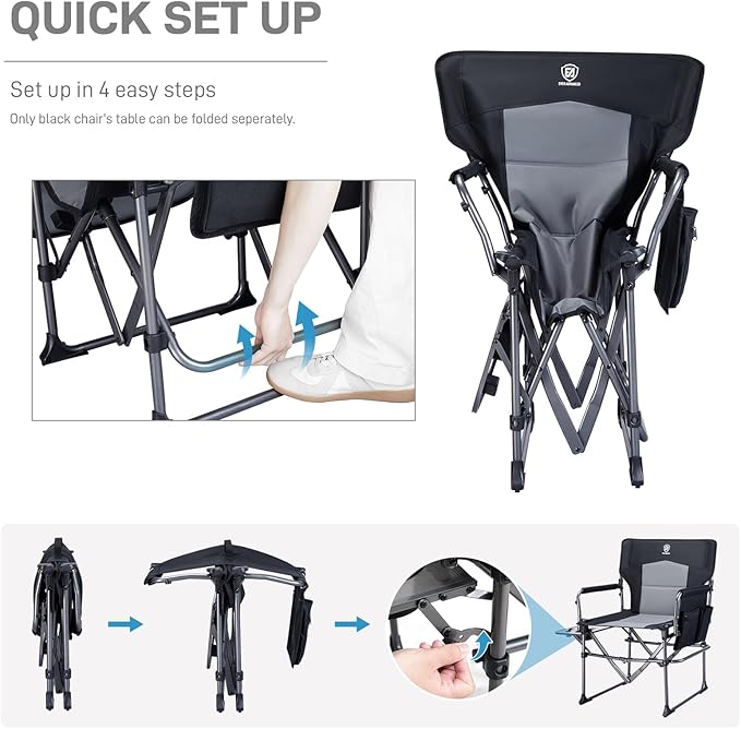 EVER ADVANCED Camping Directors' Chair with Side Table, Portable Folding with Compact Size, Heavy Duty Lawn Chair with Pocket for Camping, Lawn, Sports and Fishing, 400lbs, Black